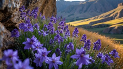 Blooming Purple Flowers in a Mountain Meadow with Golden Light
