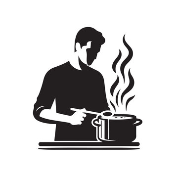 recommend clip art: Person cooking soup black and white vector silhouette