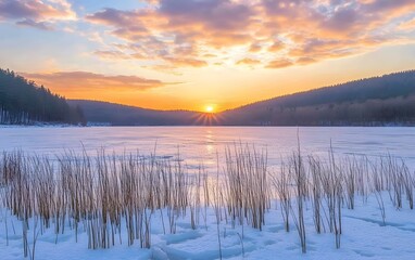 Obraz premium Frozen Lake Sunset Winter Landscape Scene