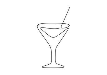 Single continuous line drawing of cocktail. One line art exotic cocktail drinks. Graphic illustration