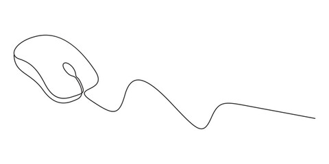Obraz premium Drawn continuous one line computer mouse logo. Single line art laptop mouse icon. Vector illustration