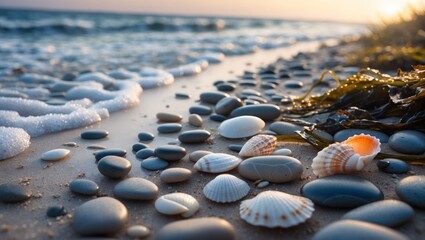 Obraz premium Seashells and Pebbles on Sandy Beach with Gentle Waves at Sunset