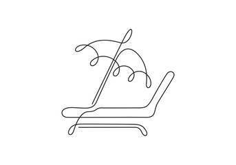 One continuous line drawing of beach umbrella and chair. Single line art sea umbrella and chair vector illustration