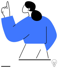 Woman with a raised finger, symbolizing a new idea or insight. Modern design emphasizes creativity, problem-solving, decision-making, innovation. Ideal for brainstorming, leadership, education