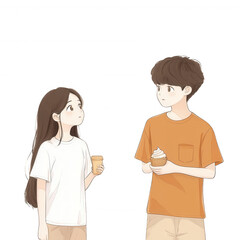 A playful scene depicting two young friends enjoying treats. One holds a drink while the other enjoys a cupcake, standing together and sharing a light moment.