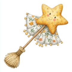 Whimsical Yellow Star Wand with Delicate Fabric and Tiny Broom