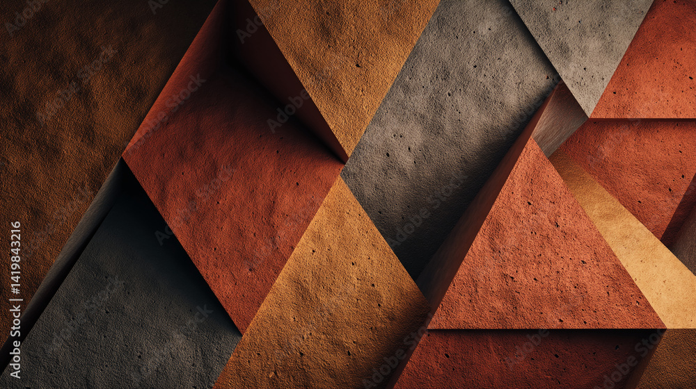 Poster abstract image of geometric shapes with textured surfaces in brown, orange, and gray tones, showcasi