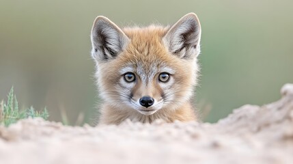 Obraz premium Adorable young fox peering from burrow