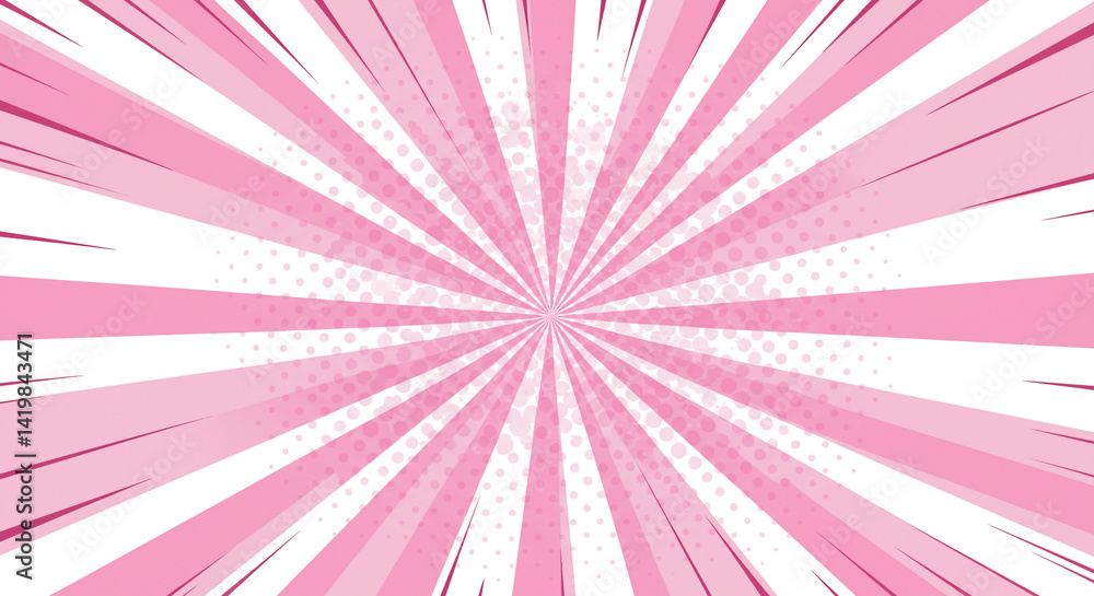 Poster pink and white comic book style background with radial lines and halftone dot pattern design element