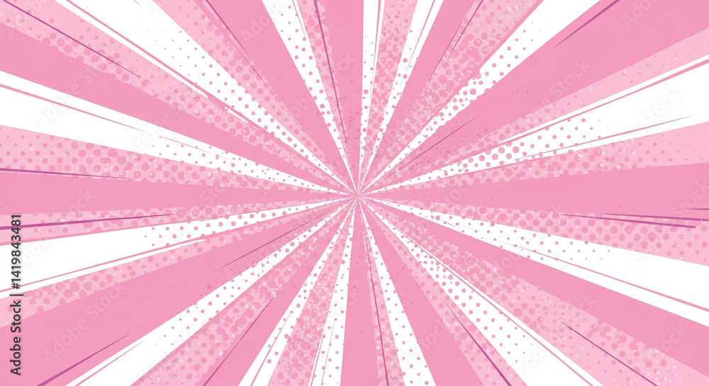 Poster pink and white radial burst pattern with halftone dots creating a dynamic comic book effect design