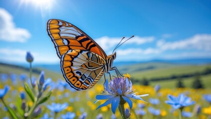 Butterfly Landing on Blue Wildflower in a Meadow with Sunny Sky
