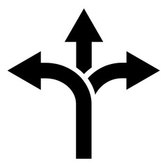Black three-way arrow sign. Points in three directions: up, left, and right. Choice, decision, direction symbol.