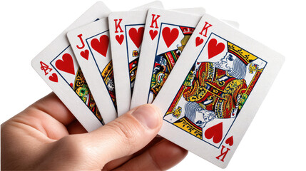 A Royal Flush in Hand: The image showcases a winning hand of a Royal Flush in hearts, with all cards displayed in crisp detail, held in a human hand, promising a thrilling game.