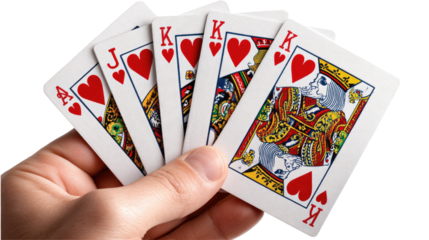 A Royal Flush in Hand: The image showcases a winning hand of a Royal Flush in hearts, with all cards displayed in crisp detail, held in a human hand, promising a thrilling game.