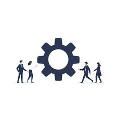 A team of professionals collaboratively working around a large gear symbolizing teamwork, innovation, and strategy in a modern workplace setting.