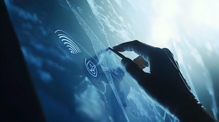 Hand interacting with a futuristic digital interface showing a world map, network connections, and security icons, representing global connectivity and data security.