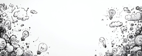 Obraz premium Sketchy doodle swirl of innovation, handdrawn lightbulbs gears and thought bubbles, brainstorming theme, clean minimal layout on white canvas