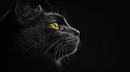 black cat profile left glowing yellow eyes dark background soft lines detail mystery curiosity elegance silhouette