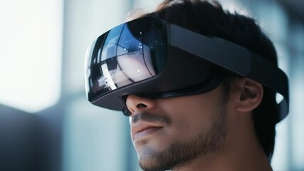 Young man experiencing virtual reality with VR headset in modern technology environment