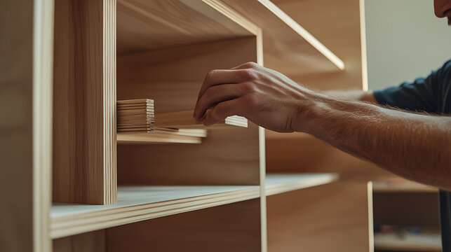 Carpenter assembling custom wooden bookshelf. Featuring craftsmanship and design