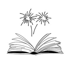 Vector hand drawn open magic book with stars outline doodle icon