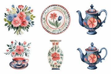 Watercolor floral patterned tableware set, featuring bouquets and teacups.