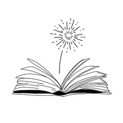 Vector hand drawn open magic book with stars outline doodle icon