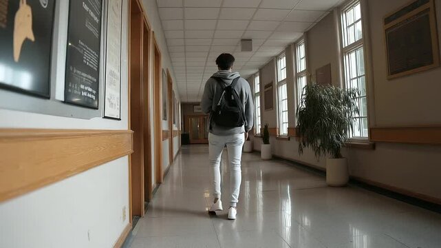 Student navigating a quiet hallway avoiding propaganda poster