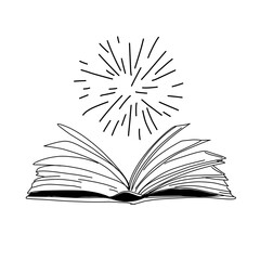 Vector hand drawn open magic book with stars outline doodle icon