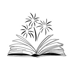 Vector hand drawn open magic book with stars outline doodle icon