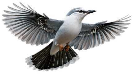 Obraz premium Soaring Grey Shrike: A graceful grey shrike takes flight, showcasing its vibrant plumage and outstretched wings against a blank backdrop.