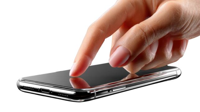 Finger Touch: The graceful interaction with a modern mobile device, a finger gently making contact with a sleek, black screen, emphasizing ease of use.