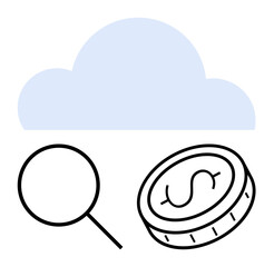 Cloud shape, magnifying glass, and coin signify technology, data exploration, and money. Ideal for tech service, data analysis, cloud finance, research innovation fintech simple landing page