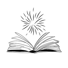 Vector hand drawn open magic book with stars outline doodle icon