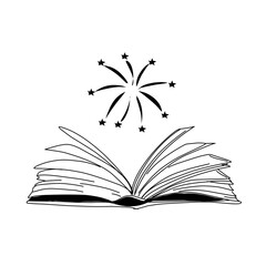 Vector hand drawn open magic book with stars outline doodle icon