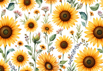 Obraz premium sunflowers and wildflowers painted in watercolor on white background