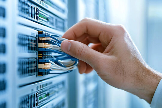Close-up of an engineer connecting or troubleshooting network cables in a server room. Focus on hands and equipment - Powered by Adobe
