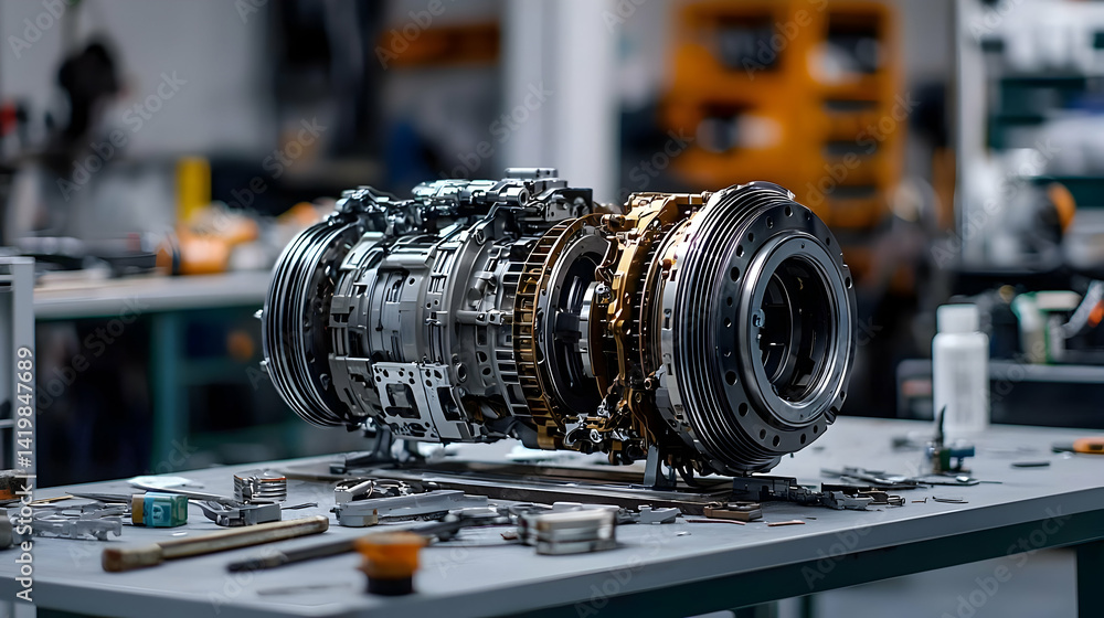 Poster Complex Mechanical Engine Prototype Displayed In Workshop