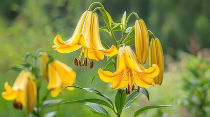 Vibrant yellow lilies in a garden setting.