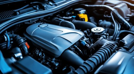 Close-up view of a modern car engine, showcasing its intricate details and components. The image highlights the power and technology that goes into automobile manufacturing.