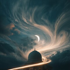 Crescent glow in evening sky with sacred dome