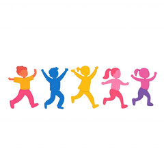 Fototapeta premium Colorful silhouettes of children joyfully running and playing together, capturing the essence of childhood joy and freedom against a white isolated background.