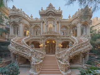 Obraz premium Ornate building with elaborate carvings and a grand staircase exterior architecture.