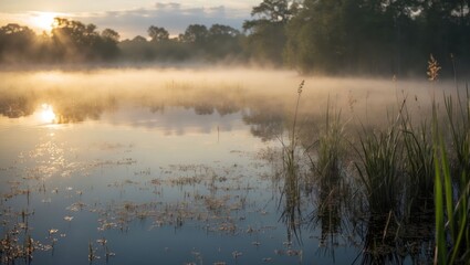 Fototapeta premium Foggy Pond at Sunrise with Reflections and Grassy Shoreline View