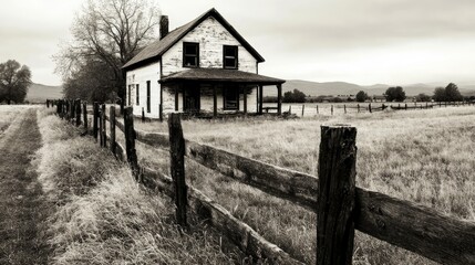 194. A black and white shot of a rustic farmhouse with a wooden fence.
