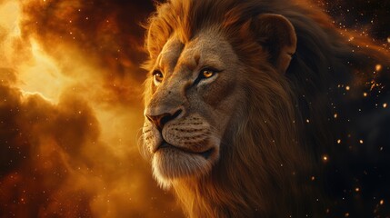 Majestic lion portrait, fiery nebula background, wildlife, power