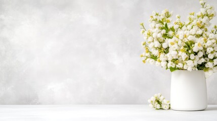 Fototapeta premium A white vase filled with delicate white flowers on a minimalist white surface, soft blurred background, and elegant and serene composition.