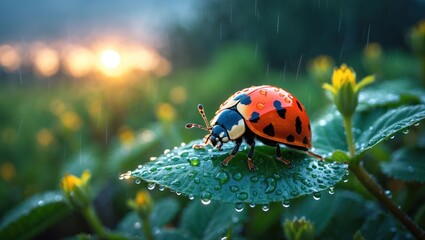 Fototapeta premium Ladybug Resting on Leaf in Gentle Rain with Sunset Background