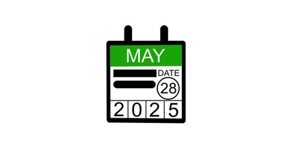 May 28 date 2025 animation . calendar animation on a black background. and stunning 4k animation.
