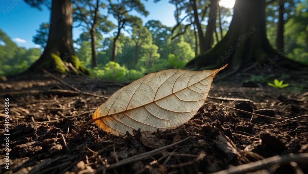 Poster fallen leaf on forest floor with sunlight filtering through trees